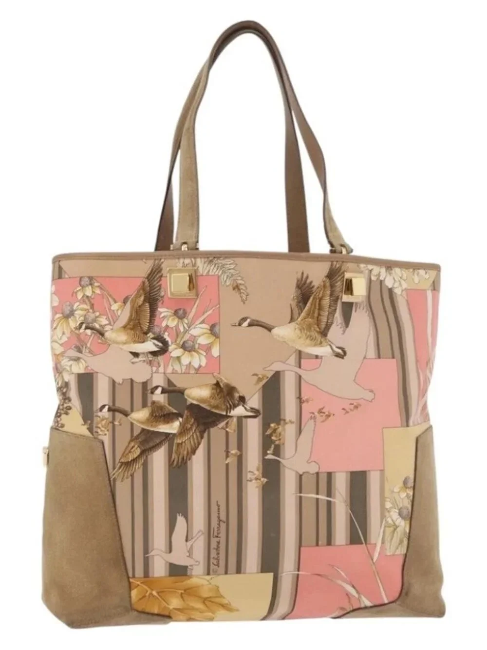 Salvatore Ferragamo Tote Bag Nylon Beige Gold Auth BAZ714A